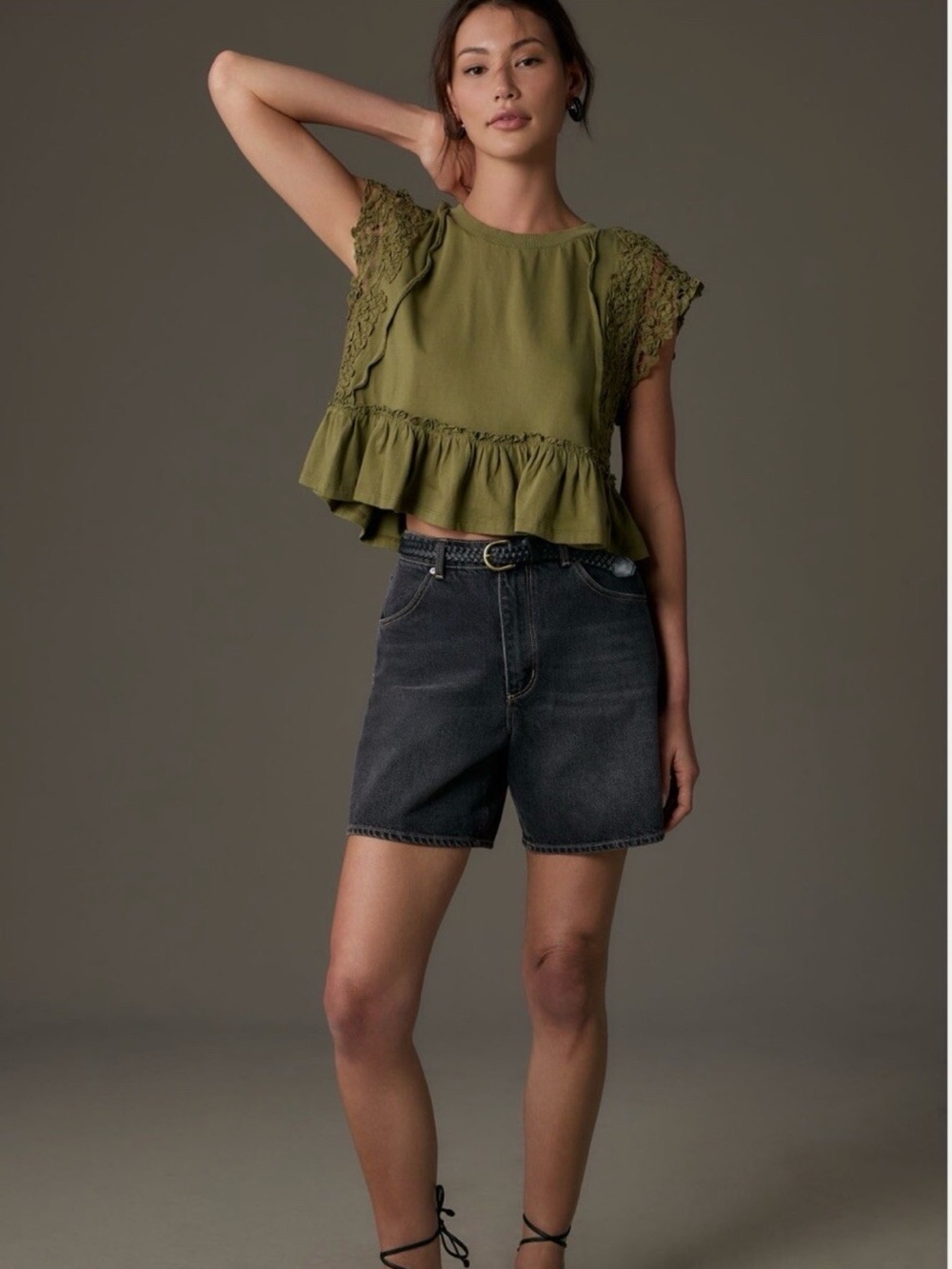 Anthropologie 🌿 Olive Green Crochet Lace Ruffle Top 2X